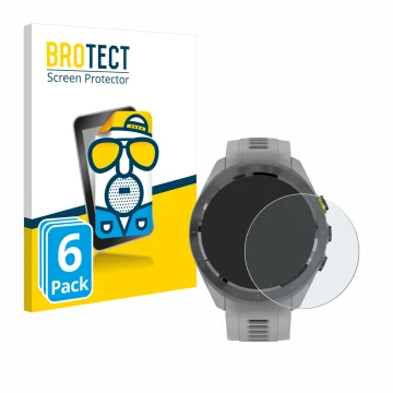 Parte frontal de un envase de producto con el logotipo de la marca BROTECT. Al lado se muestra el dispositivo Garmin Approach 