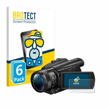 Parte frontal de un envase de producto con el logotipo de la marca BROTECT. Al lado se muestra el dispositivo Sony FDR-AX700 c