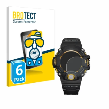 Parte frontal de un envase de producto con el logotipo de la marca BROTECT. Al lado se muestra el dispositivo Casio G-Shock GW