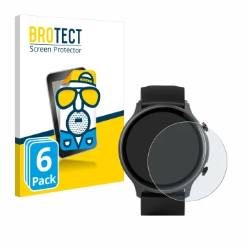 Parte frontal de un envase de producto con el logotipo de la marca BROTECT. Al lado se muestra el dispositivo Hama Fit Watch 6