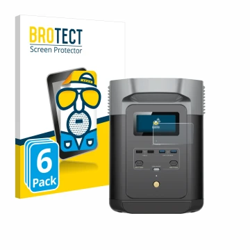 Parte frontal de un envase de producto con el logotipo de la marca BROTECT. Al lado se muestra el dispositivo EcoFlow DELTA 2 