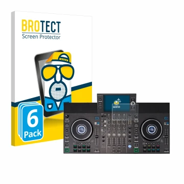 Parte frontal de un envase de producto con el logotipo de la marca BROTECT. Al lado se muestra el dispositivo Denon DJ SC LIVE