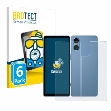 Parte frontal de un envase de producto con el logotipo de la marca BROTECT. Al lado se muestra el dispositivo Sony Xperia 5 V 