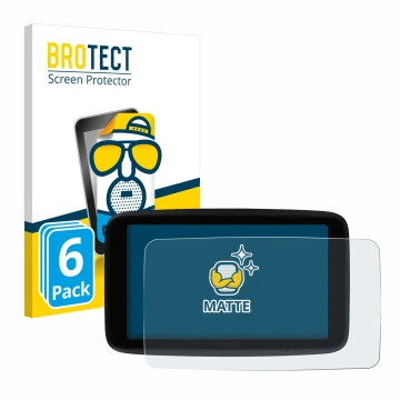 Parte frontal de un envase de producto con el logotipo de la marca BROTECT. Al lado se muestra el dispositivo TomTom GO Superi