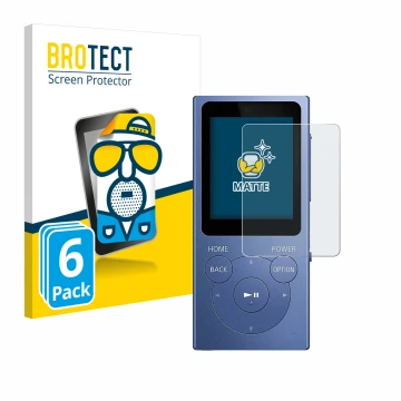 Parte frontal de un envase de producto con el logotipo de la marca BROTECT. Al lado se muestra el dispositivo Sony Walkman NW-