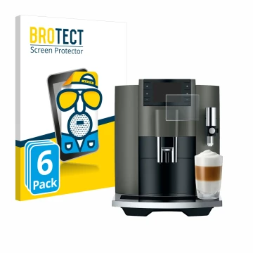 Parte frontal de un envase de producto con el logotipo de la marca BROTECT. Al lado se muestra el dispositivo Jura E8 (EC) con