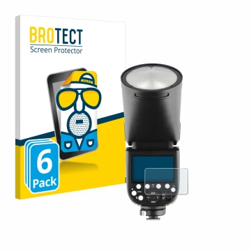 Parte frontal de un envase de producto con el logotipo de la marca BROTECT. Al lado se muestra el dispositivo Godox V1 con su 