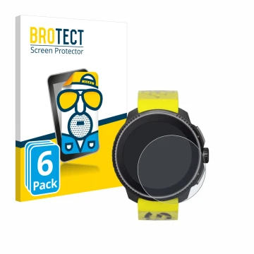 Parte frontal de un envase de producto con el logotipo de la marca BROTECT. Al lado se muestra el dispositivo Suunto Race con 