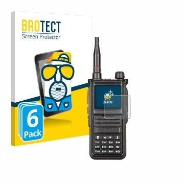 Parte frontal de un envase de producto con el logotipo de la marca BROTECT. Al lado se muestra el dispositivo Radtel RT-470X c
