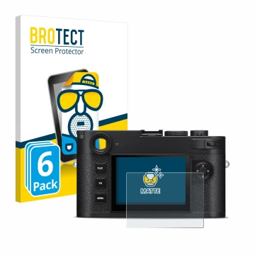 Parte frontal de un envase de producto con el logotipo de la marca BROTECT. Al lado se muestra el dispositivo Leica M11-P con 