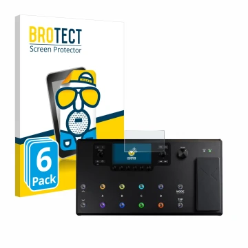 Parte frontal de un envase de producto con el logotipo de la marca BROTECT. Al lado se muestra el dispositivo Line 6 Helix LT 