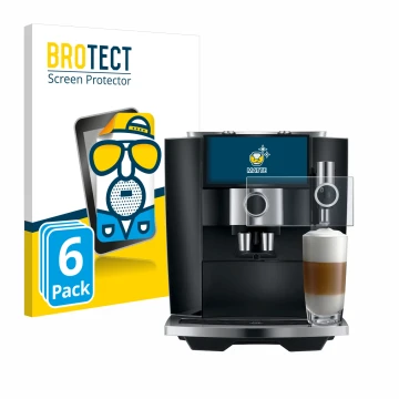 Parte frontal de un envase de producto con el logotipo de la marca BROTECT. Al lado se muestra el dispositivo Jura J8 twin con