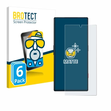 Parte frontal de un envase de producto con el logotipo de la marca BROTECT. Al lado se muestra el dispositivo ZTE Nubia Red Ma