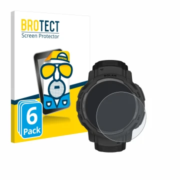 Parte frontal de un envase de producto con el logotipo de la marca BROTECT. Al lado se muestra el dispositivo Garmin Instinct 