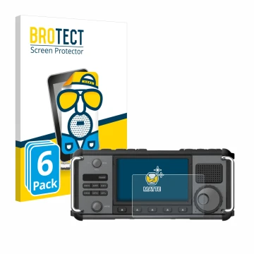 Parte frontal de un envase de producto con el logotipo de la marca BROTECT. Al lado se muestra el dispositivo Xiegu X6200 con 