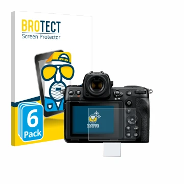 Parte frontal de un envase de producto con el logotipo de la marca BROTECT. Al lado se muestra el dispositivo Nikon Z 8 (Panta