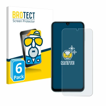 Parte frontal de un envase de producto con el logotipo de la marca BROTECT. Al lado se muestra el dispositivo Samsung Galaxy M