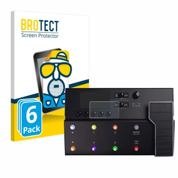 Parte frontal de un envase de producto con el logotipo de la marca BROTECT. Al lado se muestra el dispositivo Line 6 POD GO co