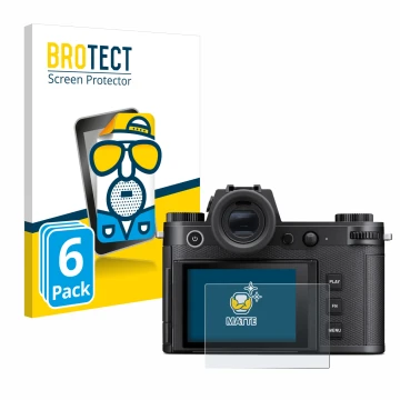 Parte frontal de un envase de producto con el logotipo de la marca BROTECT. Al lado se muestra el dispositivo Leica SL3 con su