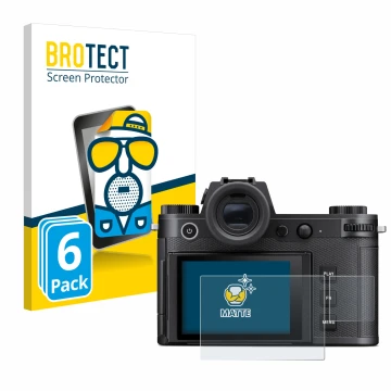 Parte frontal de un envase de producto con el logotipo de la marca BROTECT. Al lado se muestra el dispositivo Leica SL3 (Panta