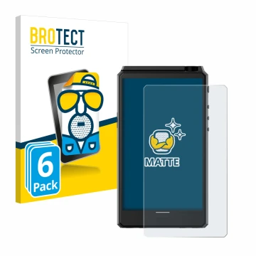Parte frontal de un envase de producto con el logotipo de la marca BROTECT. Al lado se muestra el dispositivo Hiby R6 III con 