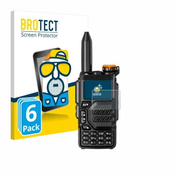 Parte frontal de un envase de producto con el logotipo de la marca BROTECT. Al lado se muestra el dispositivo Quansheng UV-K5 