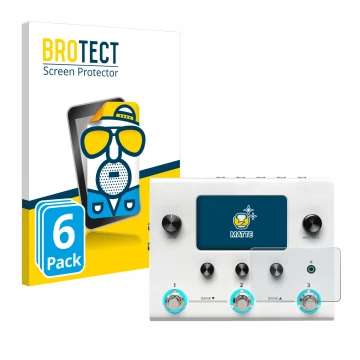Parte frontal de un envase de producto con el logotipo de la marca BROTECT. Al lado se muestra el dispositivo Hotone Ampero II