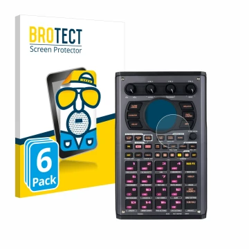 Parte frontal de un envase de producto con el logotipo de la marca BROTECT. Al lado se muestra el dispositivo Roland SP-404MKI