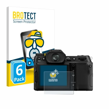 Parte frontal de un envase de producto con el logotipo de la marca BROTECT. Al lado se muestra el dispositivo Fujifilm GFX100S