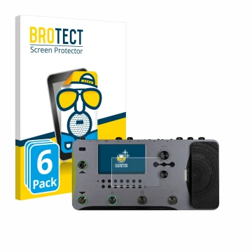 Parte frontal de un envase de producto con el logotipo de la marca BROTECT. Al lado se muestra el dispositivo Mooer GE1000 con
