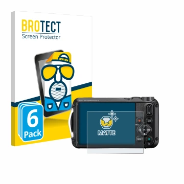 Parte frontal de un envase de producto con el logotipo de la marca BROTECT. Al lado se muestra el dispositivo Ricoh Pentax WG-