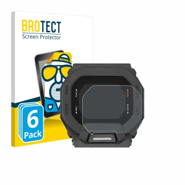 Parte frontal de un envase de producto con el logotipo de la marca BROTECT. Al lado se muestra el dispositivo Casio G-Shock GB