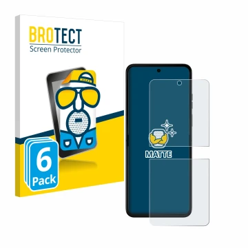 Parte frontal de un envase de producto con el logotipo de la marca BROTECT. Al lado se muestra el dispositivo Motorola Razr 50