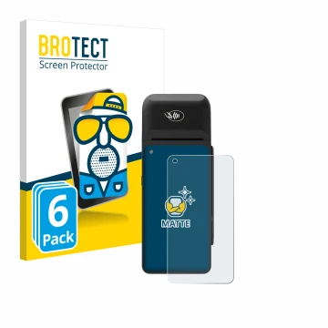 Parte frontal de un envase de producto con el logotipo de la marca BROTECT. Al lado se muestra el dispositivo Verifone T650c c