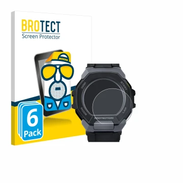 Parte frontal de un envase de producto con el logotipo de la marca BROTECT. Al lado se muestra el dispositivo Casio G-Shock G-