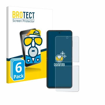 Parte frontal de un envase de producto con el logotipo de la marca BROTECT. Al lado se muestra el dispositivo Nubia Flip 5G co
