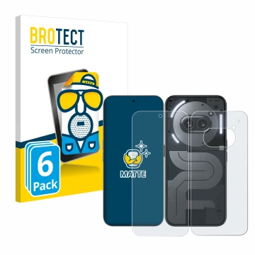 Parte frontal de un envase de producto con el logotipo de la marca BROTECT. Al lado se muestra el dispositivo Nothing Phone (2