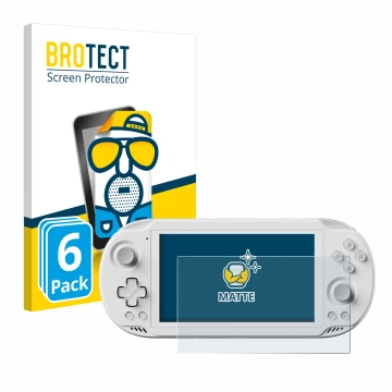 Parte frontal de un envase de producto con el logotipo de la marca BROTECT. Al lado se muestra el dispositivo AYN Odin 2 Mini 