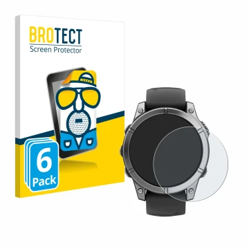 Parte frontal de un envase de producto con el logotipo de la marca BROTECT. Al lado se muestra el dispositivo Garmin Fenix E c