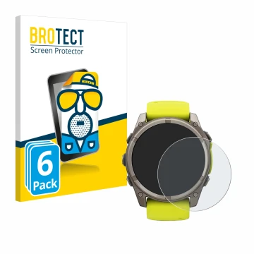 Parte frontal de un envase de producto con el logotipo de la marca BROTECT. Al lado se muestra el dispositivo Garmin Fenix 8 S