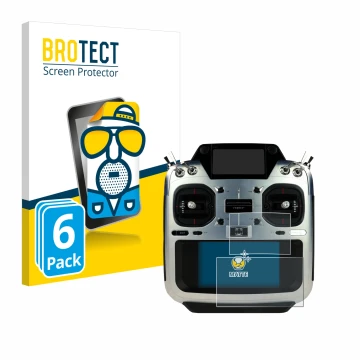 Parte frontal de un envase de producto con el logotipo de la marca BROTECT. Al lado se muestra el dispositivo Futaba T26SZ con