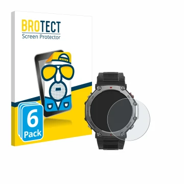 Parte frontal de un envase de producto con el logotipo de la marca BROTECT. Al lado se muestra el dispositivo Huami Amazfit T-