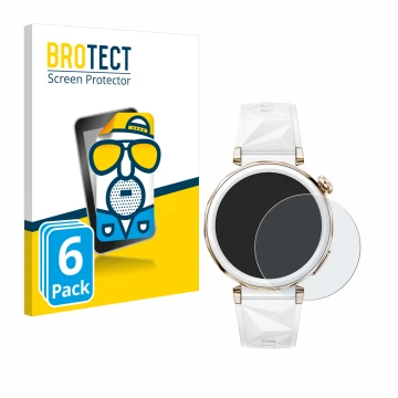 Parte frontal de un envase de producto con el logotipo de la marca BROTECT. Al lado se muestra el dispositivo Huawei Watch GT 