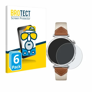 Parte frontal de un envase de producto con el logotipo de la marca BROTECT. Al lado se muestra el dispositivo Huawei Watch GT 