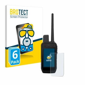 Parte frontal de un envase de producto con el logotipo de la marca BROTECT. Al lado se muestra el dispositivo Garmin Alpha 300