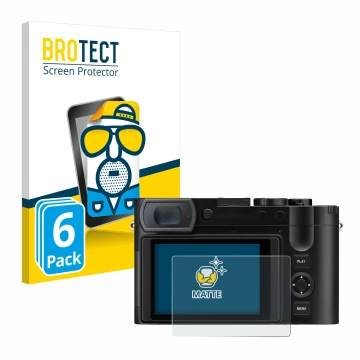 Parte frontal de un envase de producto con el logotipo de la marca BROTECT. Al lado se muestra el dispositivo Leica Q3 43 con 