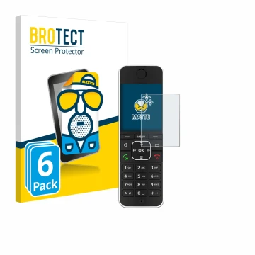 Parte frontal de un envase de producto con el logotipo de la marca BROTECT. Al lado se muestra el dispositivo AVM Fritz!Fon C6