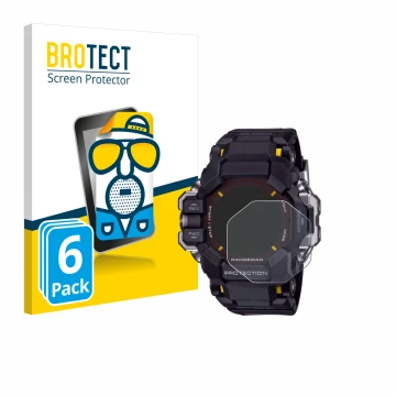 Parte frontal de un envase de producto con el logotipo de la marca BROTECT. Al lado se muestra el dispositivo Casio G-Shock GP