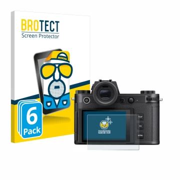 Parte frontal de un envase de producto con el logotipo de la marca BROTECT. Al lado se muestra el dispositivo Leica SL3-S con 
