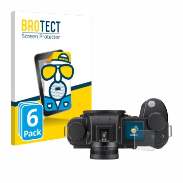 Parte frontal de un envase de producto con el logotipo de la marca BROTECT. Al lado se muestra el dispositivo Leica SL3-S (pan